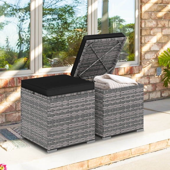 Costway 2PCS Patio Rattan Ottomans Seat Side Table Storage Box Footstool with Cushion Black