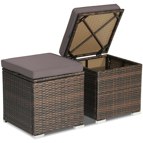 Costway 2PCS Patio Rattan Ottomans Seat Side Table Storage Box Footstool with Cushions Grey