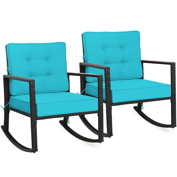 Costway 2PCS Patio Rattan Rocker Chair Outdoor Glider Rocking Chair Cushion Turquoise
