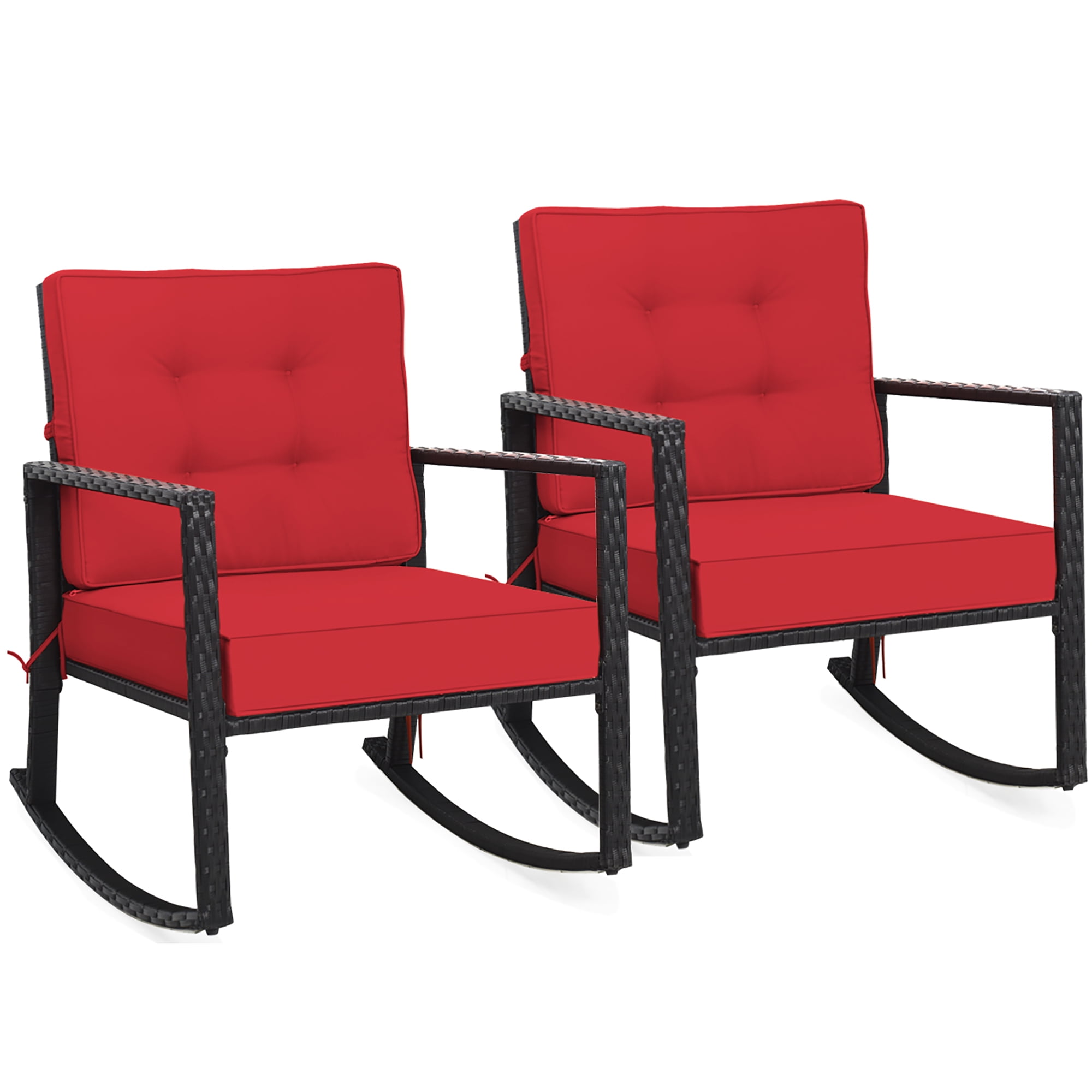 Red Cushioned Black Iron Outdoor Rocking Armchair Set