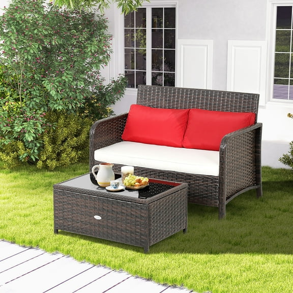Costway 2PCS Patio Rattan Wicker Love-seat Coffee Table Set  Cushioned Bench Garden Deck