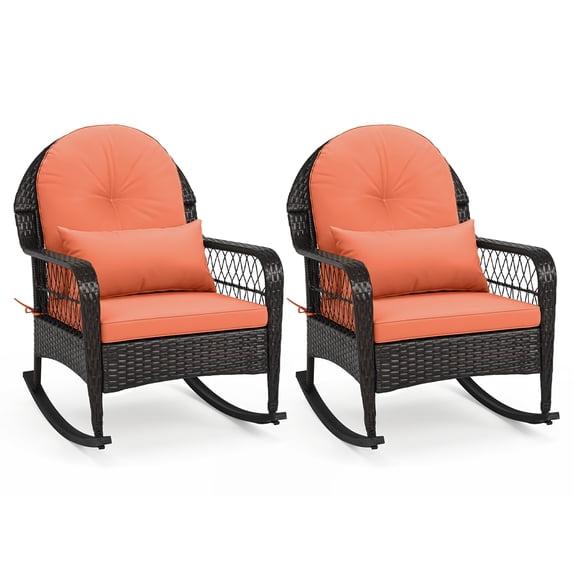 Costway 2PCS Patio Wicker Rocking Chair W/Seat Back Cushions & Lumbar Pillow Balcony Orange