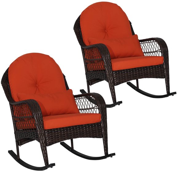 Costway 2PCS Patio Wicker Rocking Chair W/Seat Back Cushions & Lumbar Pillow Balcony Orange