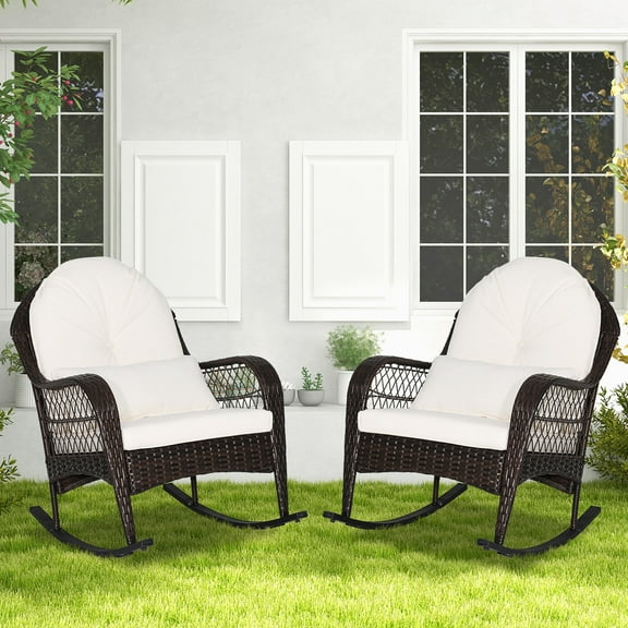 Costway 2PCS Patio Wicker Rocking Chair W/Seat Back Cushions & Lumbar Pillow Balcony White