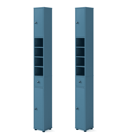 Costway 2PCS Slim Bathroom Tall Cabinet with 2 Doors, 1 Drawer & 5 Adjustable Shelves Blue