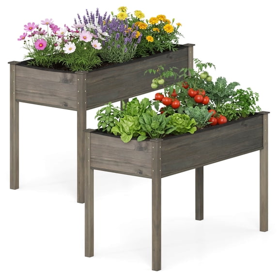Costway 2PCS Wooden Raised Garden Bed wirh Legs, Drainage Hols, Black Liner for Patio Gray