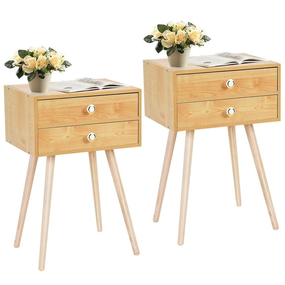 Costway 2PCs Mid Century Modern 2 Drawers Nightstand In Natural Sofa Side Table End Table