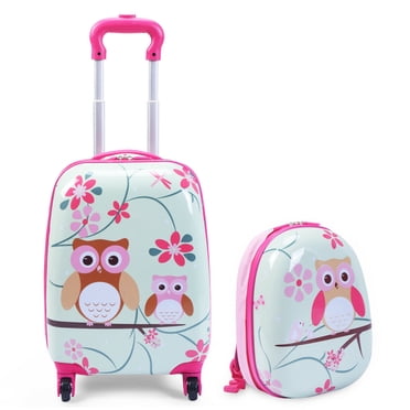 2PC Kids Luggage Set - 12" Backpack & 16" Rolling Suitcase - ABS + Polycarbonate - Pink School Travel