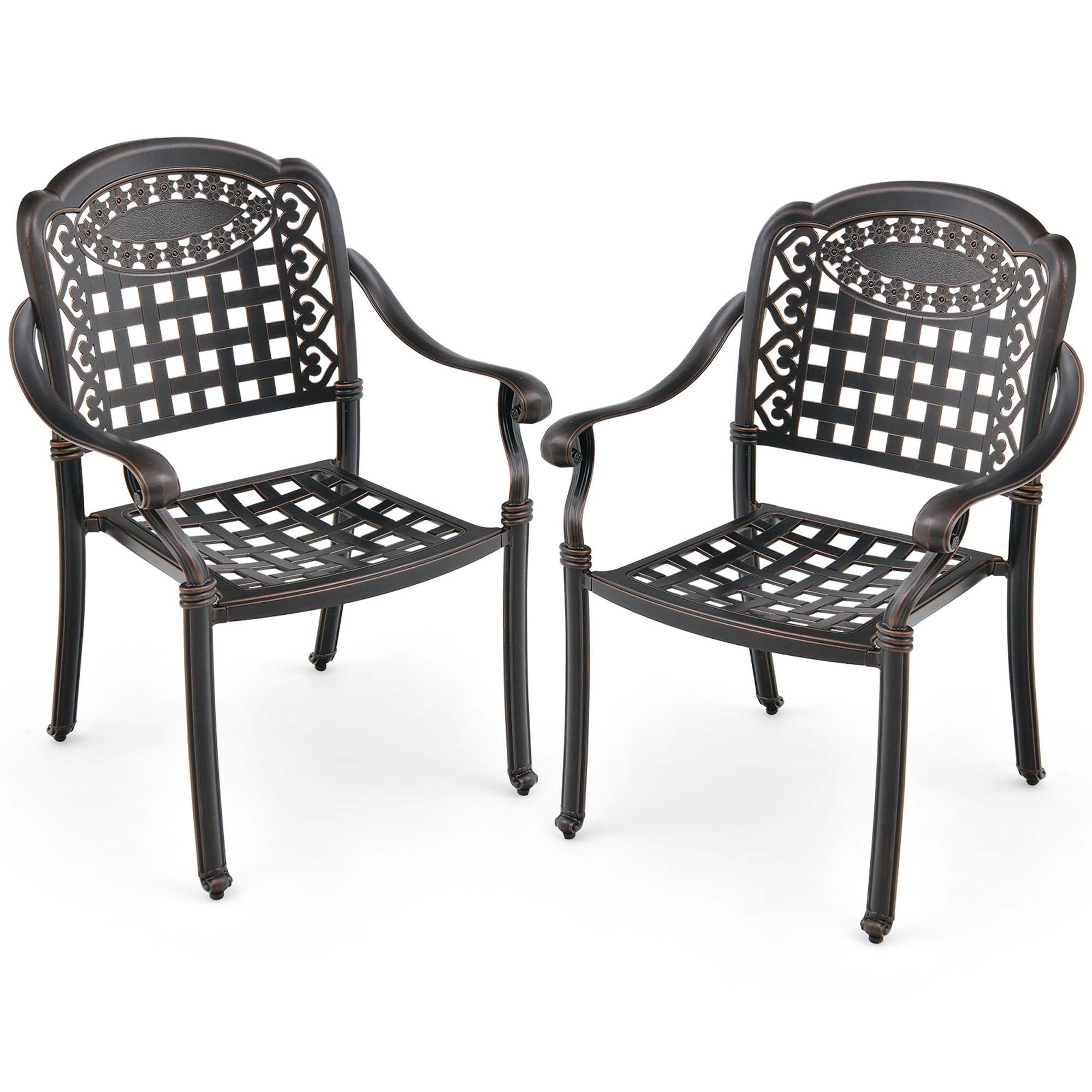 Costway 2pcs Patio Cast Aluminum Armrest Chairs Dining Stackable Outdoor Bronze