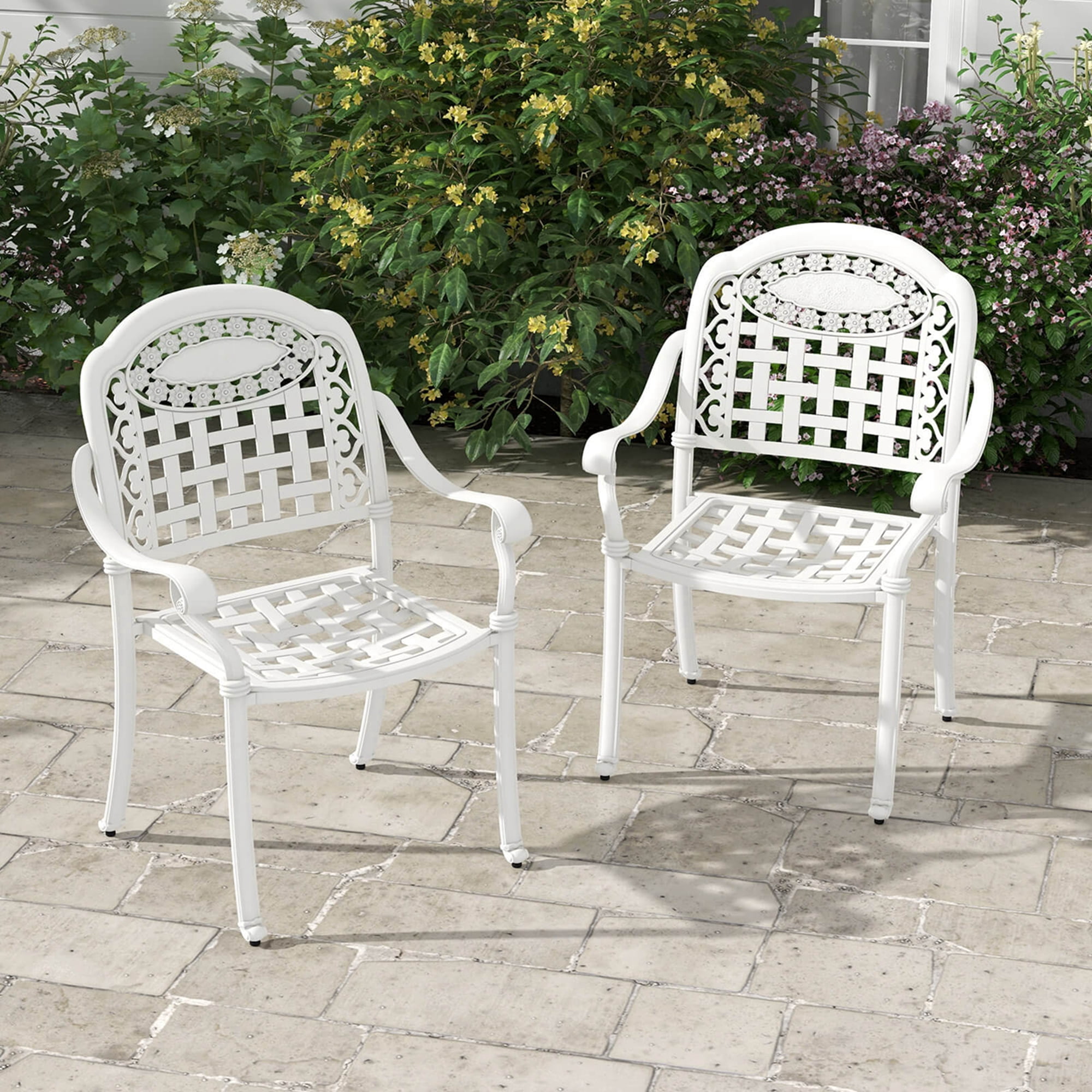 Costway 2pcs Patio Cast Aluminum Armrest Chairs Dining Stackable Outdoor White