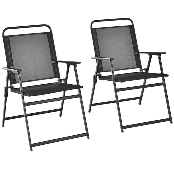 Costway 2pcs Patio Folding Chairs Heavy-Duty Metal Frame Armrests Portable Outdoor Black