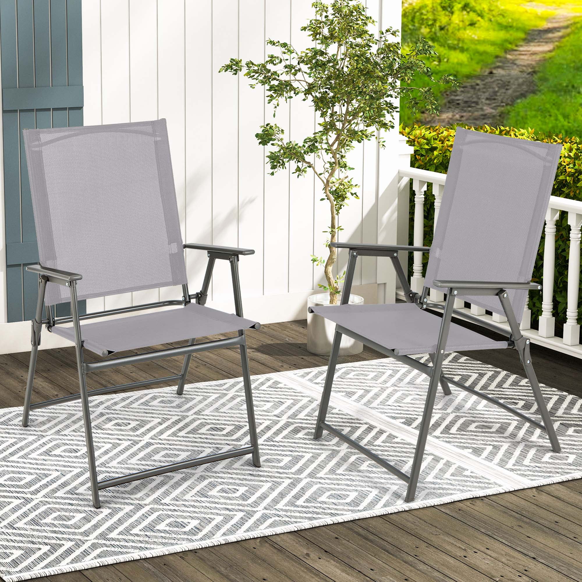 The Coupon deal of  Costway 2pcs Outdoor Patio Folding Dining Chairs, Portable, Metal Frame, Armrests, Assembled, Grey