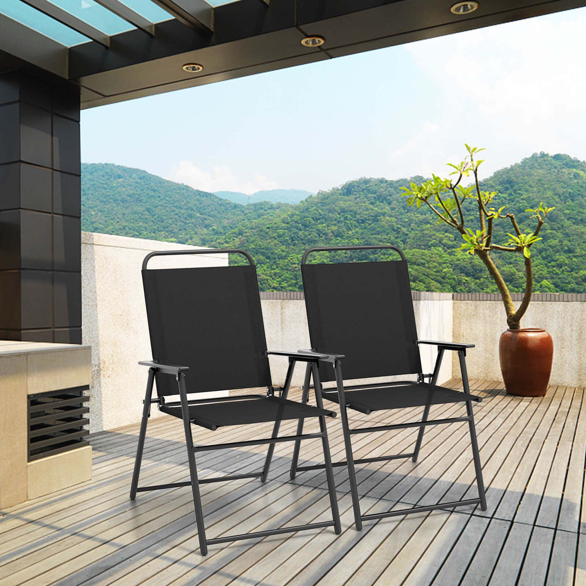 Costway 2pcs Patio Folding Sling Chairs Dining Armrest Backrest Outdoor Portable Black
