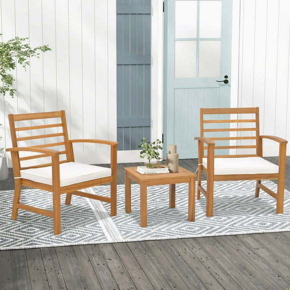 Costway 3 Acacia Wood Durable Outdoor Conversation Sets with Chairs and Coffee Table, Natural/White