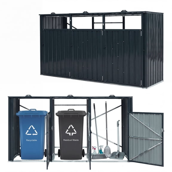 Costway 3-Bin Metal Trash Can Storage Shed,7.8 x 2.6FT Patio Garbage Shed with Flip-Up Lids Dark Gray