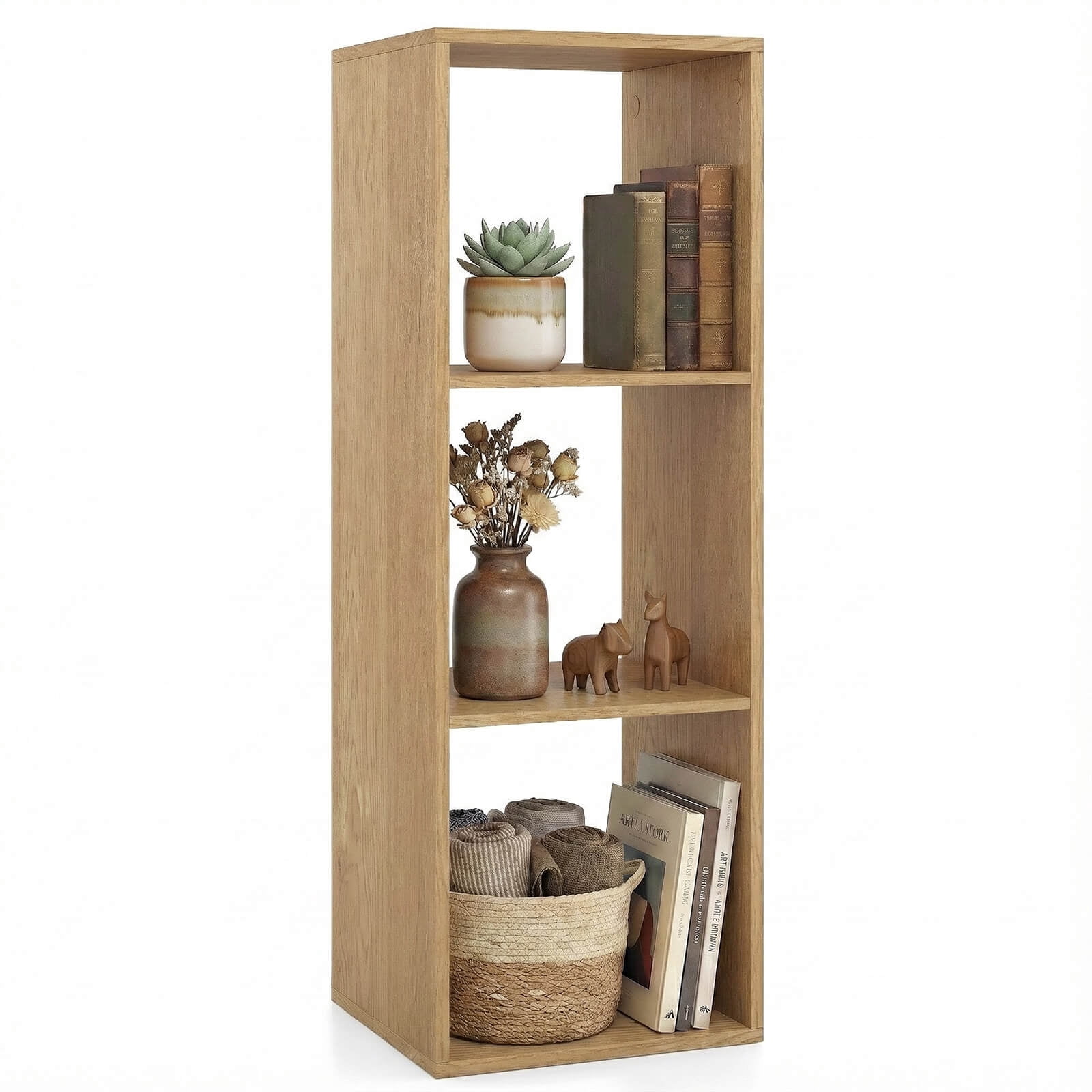 Costway 3-Cube Bookshelf, Modern Vertical Bookcase with Back Guardrail & Anti-tipping Kits Natural