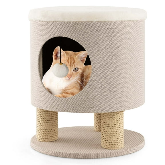 Costway 3-IN-1 Cat Condo Stool Kitty Bed with Scratching Posts & Plush Ball Toy Beige