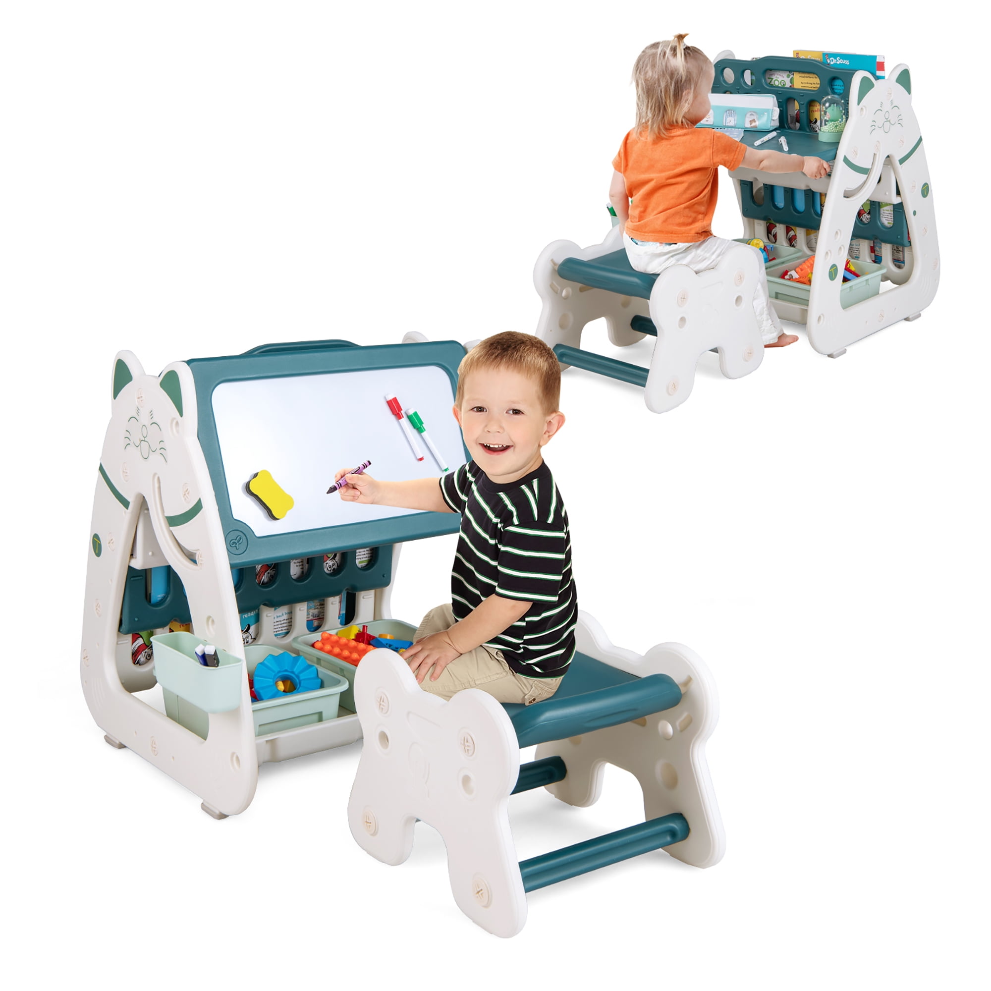 Costway Toddler Craft Table & Chair Set Kids Art Crafts Table withPaper Roll Holder White
