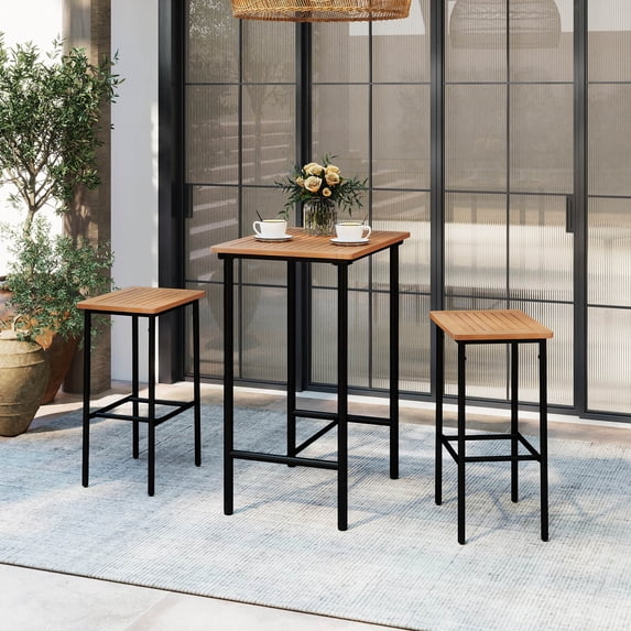 Costway 3 PCS Acacia Wood Patio Bar Set, Outdoor Bar Height with Metal ...