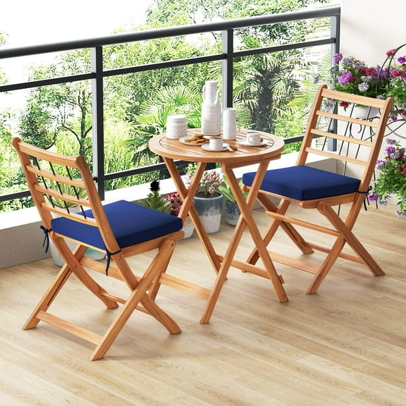Costway 3 PCS Acacia Wood Patio Bistro Set Folding Outdoor Table and Chairs with Cushions Navy