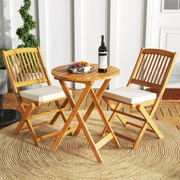 Costway 3 PCS Acacia Wood Patio Bistro Set Folding Table & Chairs Set with Cushions Beige