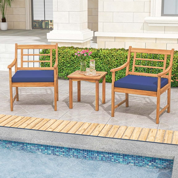 Costway 3 PCS Acacia Wood Patio Bistro Set Outdoor Chairs with Coffee Table for Porch Navy