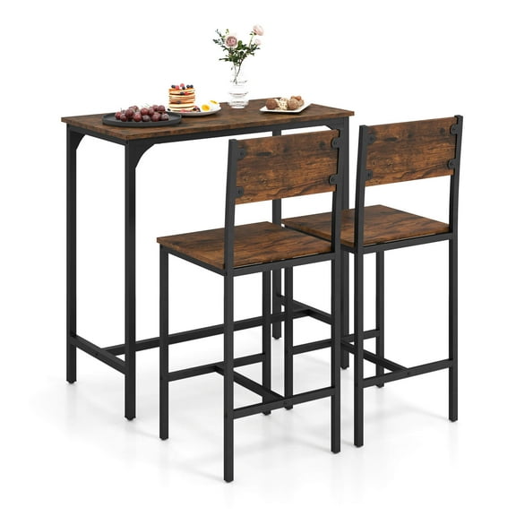 Costway 3 PCS Bar Table Set Pub Dining Table & 2 Bar Stools with Backrest & Footrest Brown