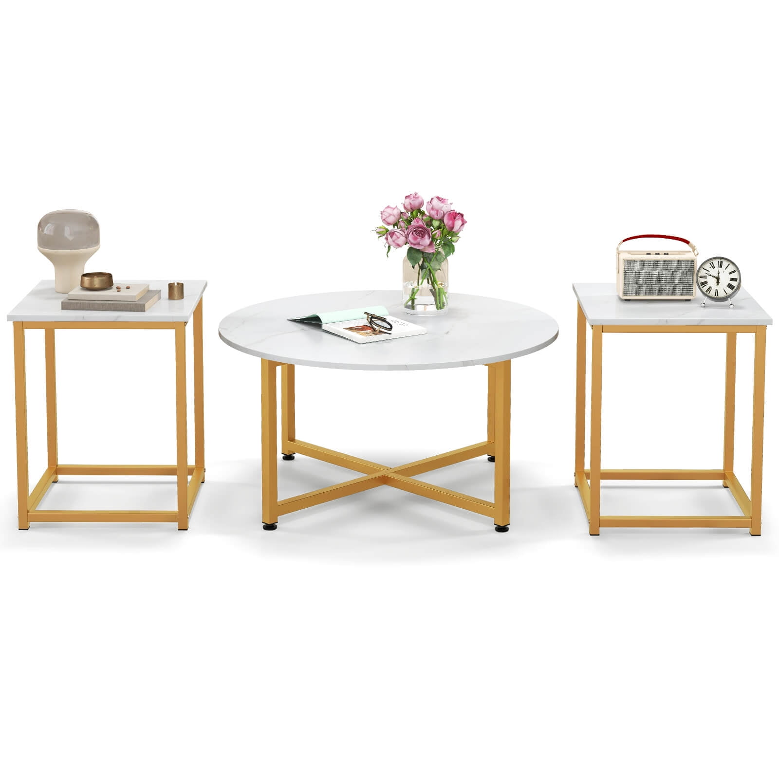 Costway 3 PCS Coffee Table Set Round Coffee Table and 2PCS Square End Tables Metal Frame White