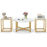 Costway 3 PCS Coffee Table Set Round Coffee Table and 2PCS Square End Tables Metal Frame White
