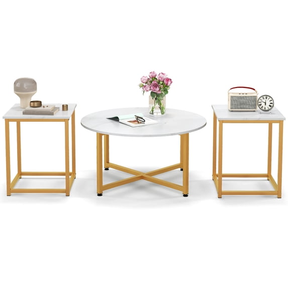 Square Rounded Designs Costway, Coffee Table Set, 3 PCS, White and Gold, Metal Frame - Walmart.com