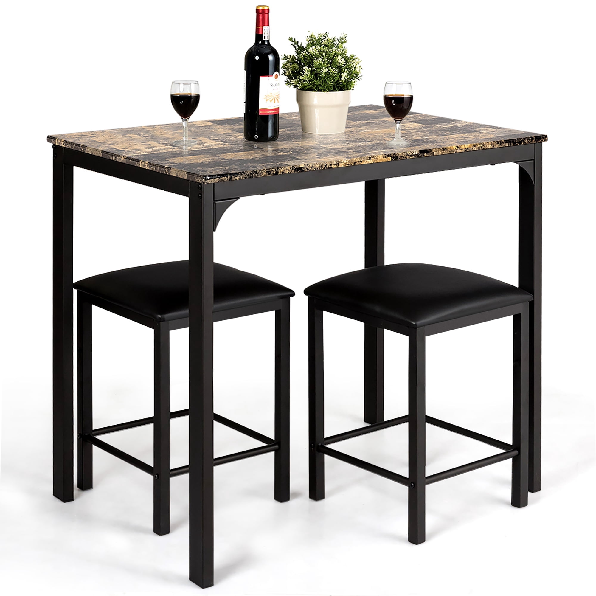 Costway 3 PCS Counter Height Dining Set Faux Marble Table 2 Chairs Kitchen Bar Brown