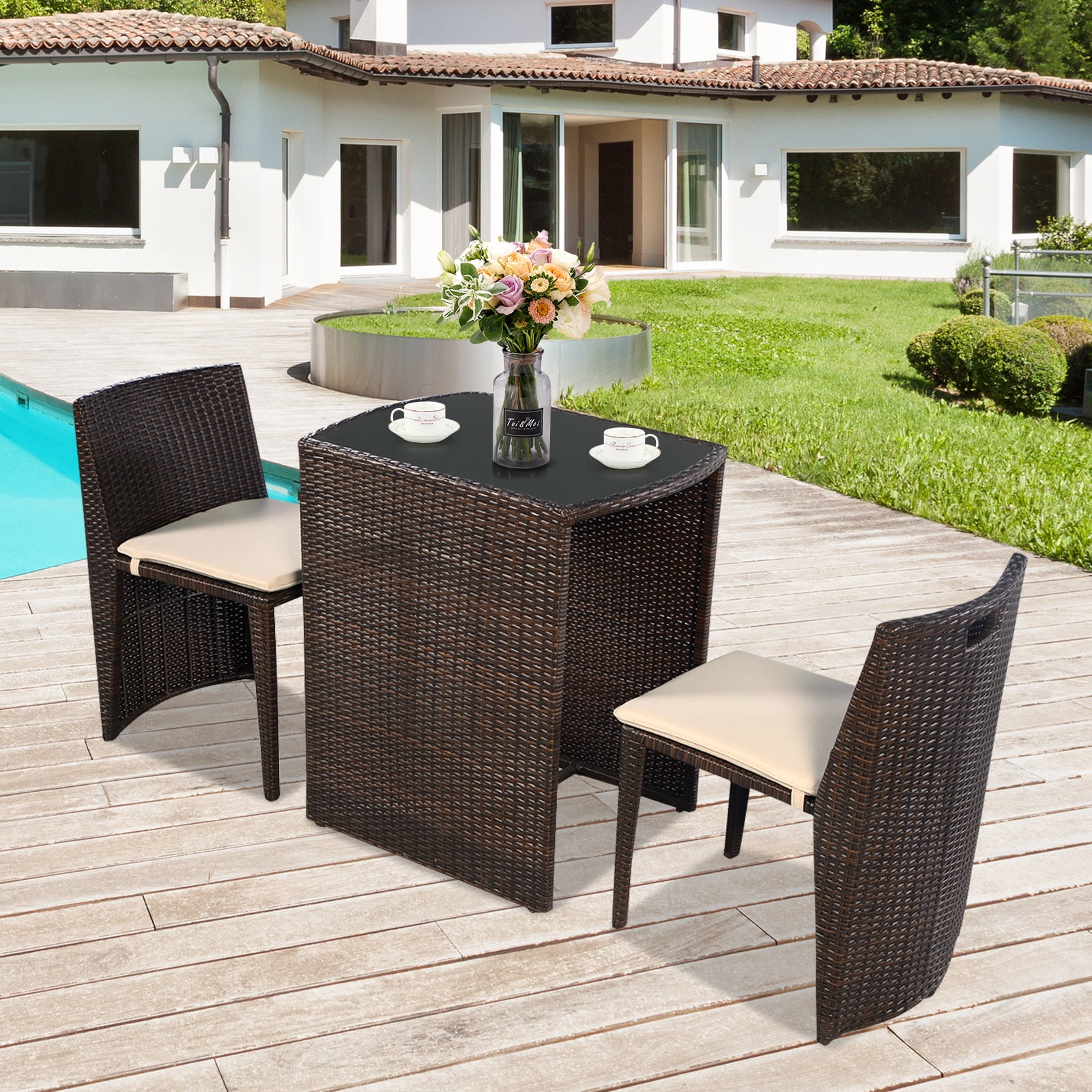 Costway 3 pcs cushioned outdoor wicker patio set garden lawn sofa seat deals