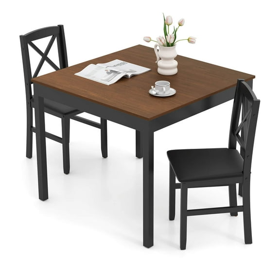 Costway 3 PCS Dining Table Set Wooden Square Kitchen Table with 2 Upholstered Chairs Brown