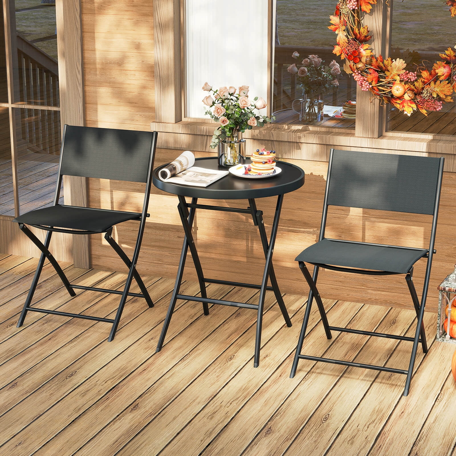 Costway 3 PCS Folding Patio Bistro Set with Tempered Glass Coffee Table ...