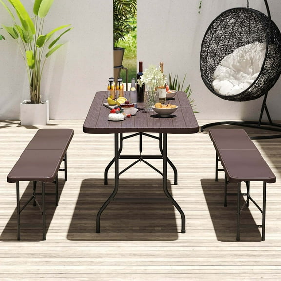 Costway 3 PCS Folding Picnic Table Set with 6 ft Table & 2 Benches HDPE Wood-Like Tabletop Brown