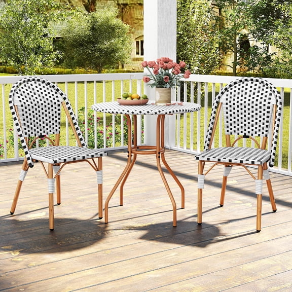 Costway 3 PCS French Bistro Table Chair Set Wicker Round Table & 2 Dining Chairs