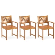 Costway 3 PCS Outdoor Acacia Wood Dining Chairs, Patio Dining Chairs with Backrests Armrests
