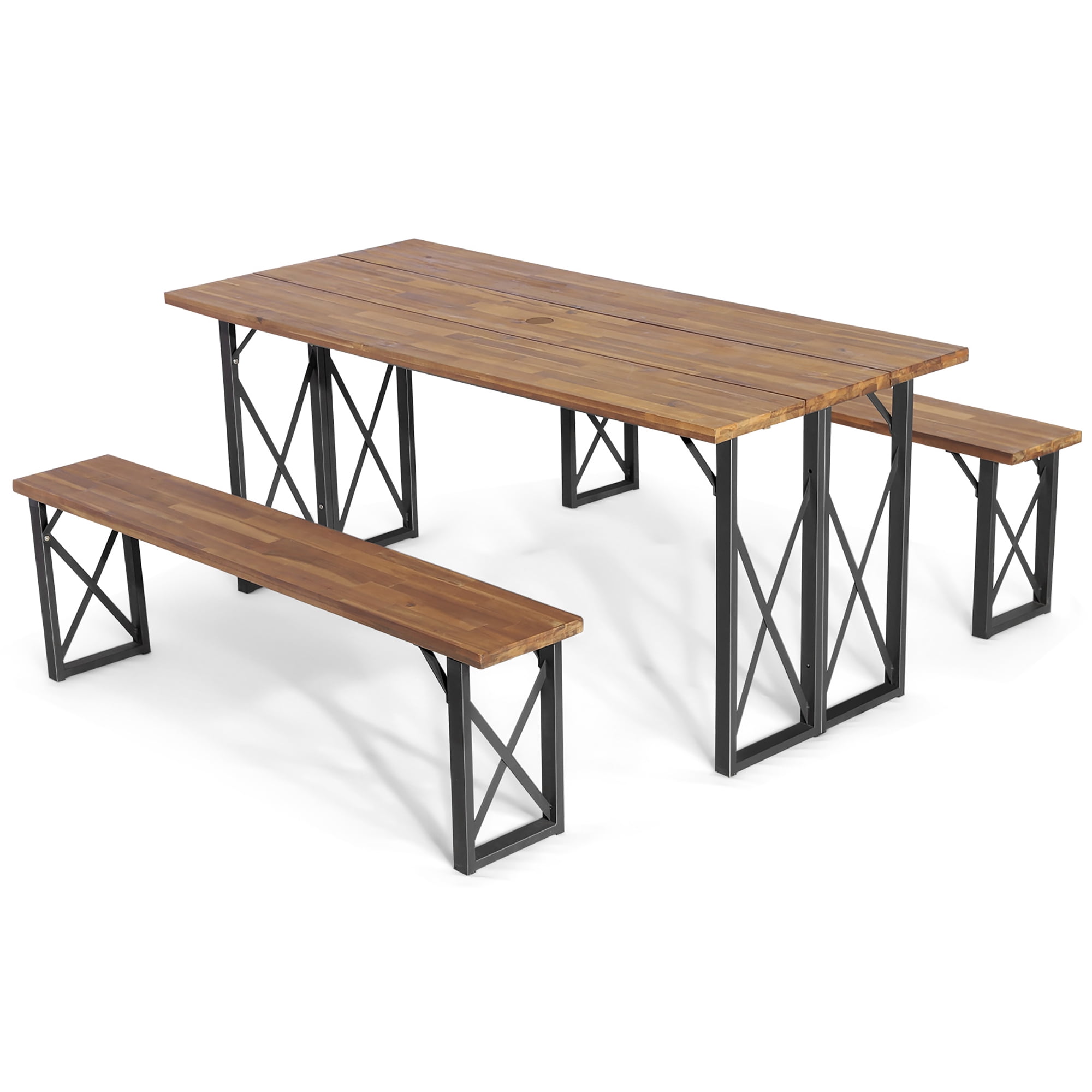 Costway 3 PCS Outdoor Acacia Wood furniture Patio Dining Table Bench