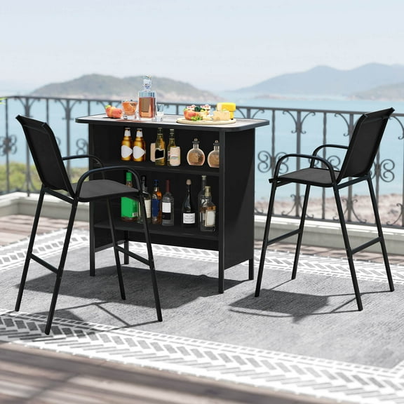 Costway 3 PCS Outdoor Bar Set Bar Height Table & Armchairs with Footrest 2-Tier Shelf Black