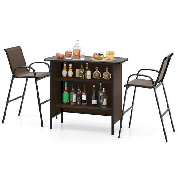 Costway 3 PCS Outdoor Bar Set Bar Height Table & Armchairs with Footrest 2-Tier Shelf Brown