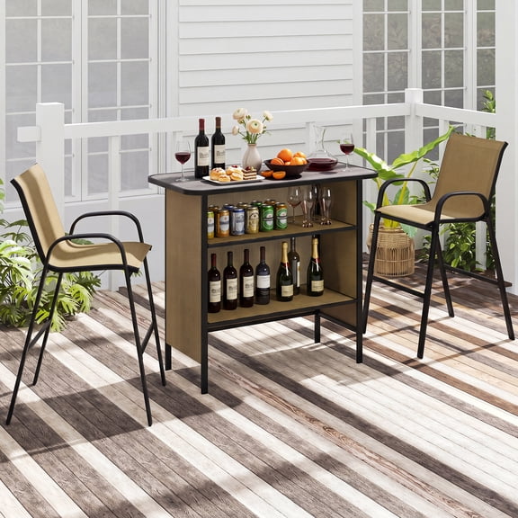 Costway 3 PCS Outdoor Bar Set Bar Height Table & Armchairs with Footrest 2-Tier Shelf Brown