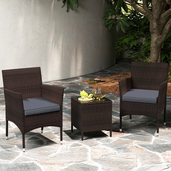 Costway 3 PCS Outdoor Conversation Set with Cushioned Seat & Tempered Glass Tabletop Gray