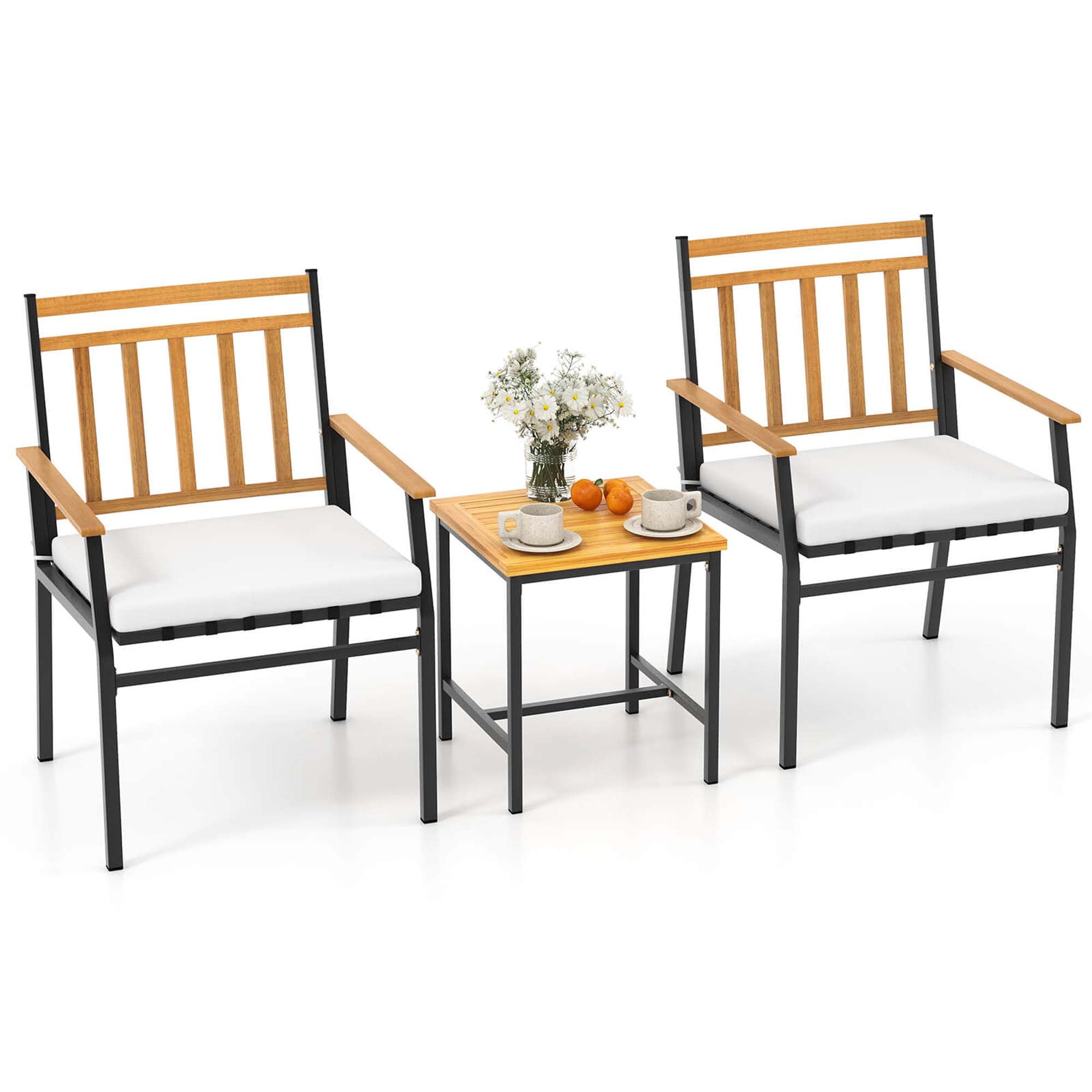 Acacia Wood and Metal 3-Piece Patio Set with Off-White Cushions