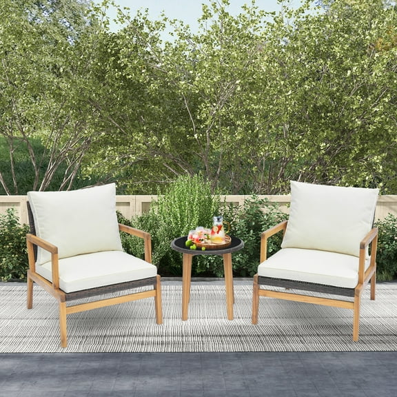 Costway 3 PCS Outdoor Furniture Set with Cushioned Chairs and Tempered Glass Side Table