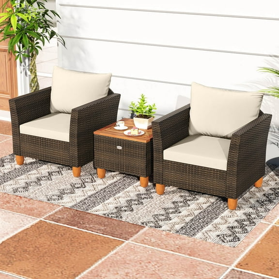 Costway 3 PCS Outdoor Patio Rattan Bistro Furniture Set Wooden Table Top Cushioned Sofa Beige