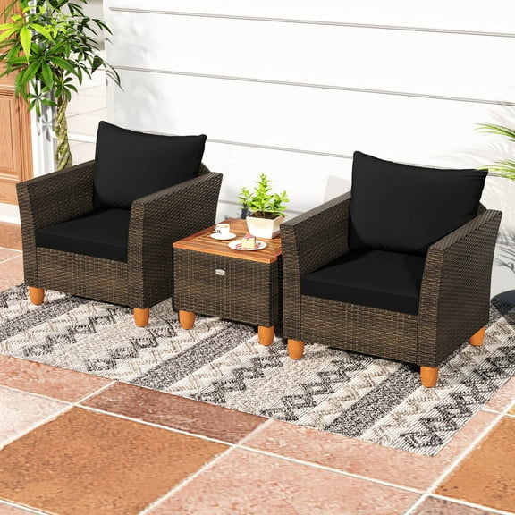 Costway 3 PCS Outdoor Patio Rattan Bistro Furniture Set Wooden Table Top Cushioned Sofa Black