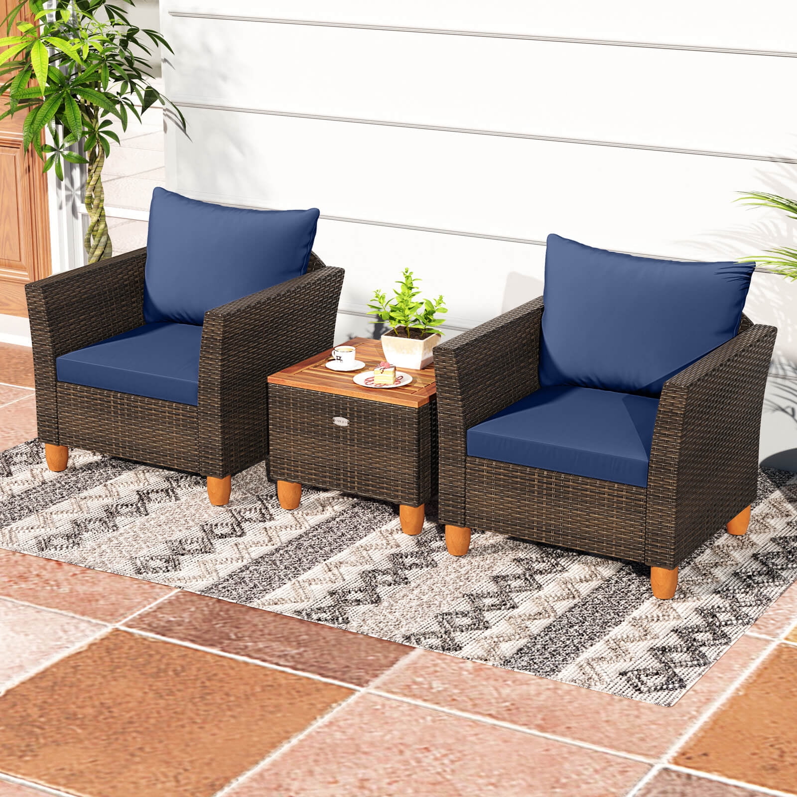 Costway 3 PCS Outdoor Patio Rattan Bistro Furniture Set Wooden Table Top Cushioned Sofa Navy
