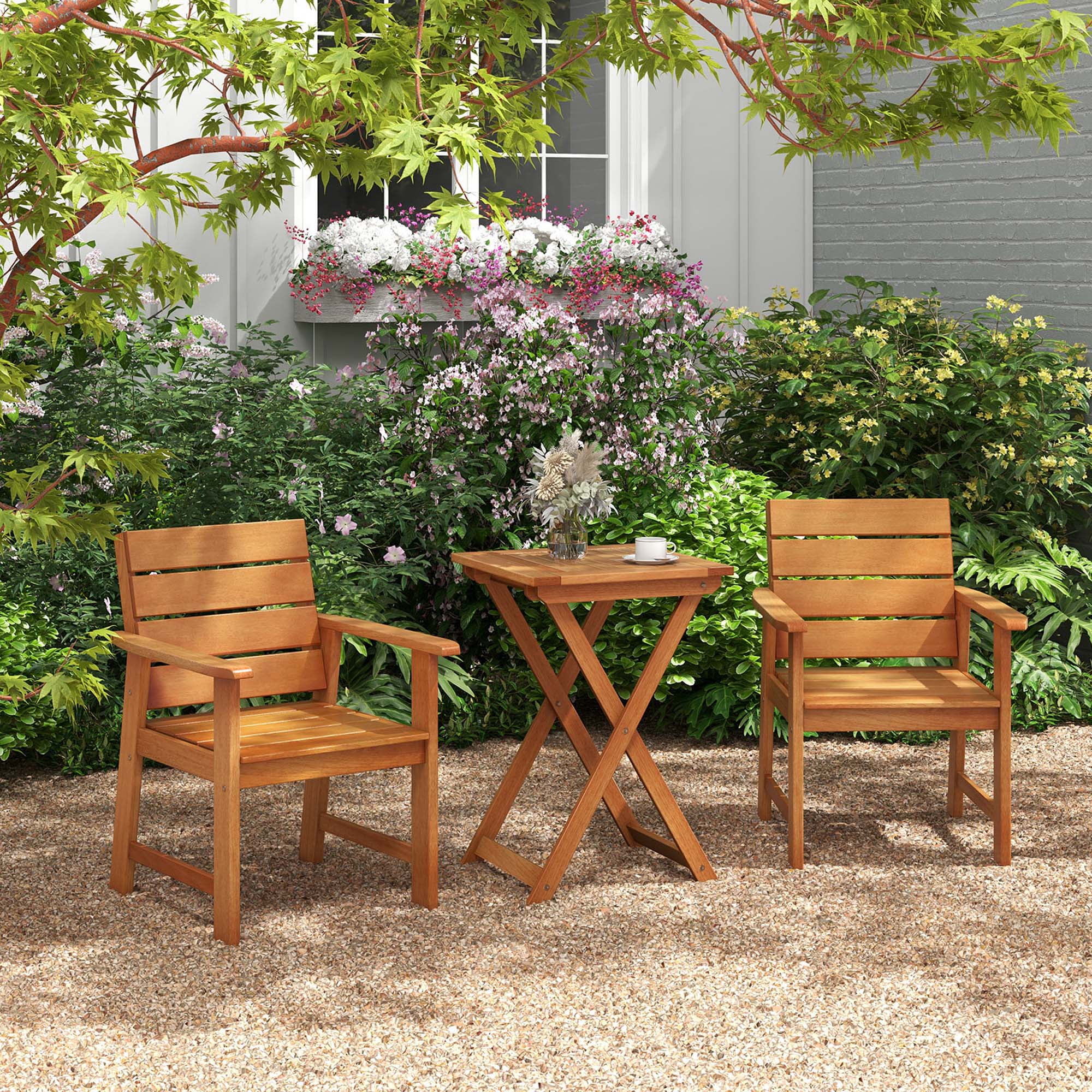 Costway 3PCS Outdoor Wood Bistro Set with 2 Hardwood Chairs & Folding