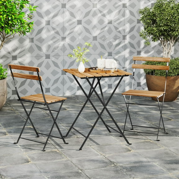 Costway 3 PCS Patio Acacia Wood Bistro Set Bistro Table with 2 Folding Chairs Slatted Seat Brown