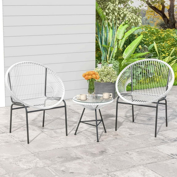 Costway 3 PCS Patio Acapulco Furniture Bistro Set Plastic Rope Glass Table White